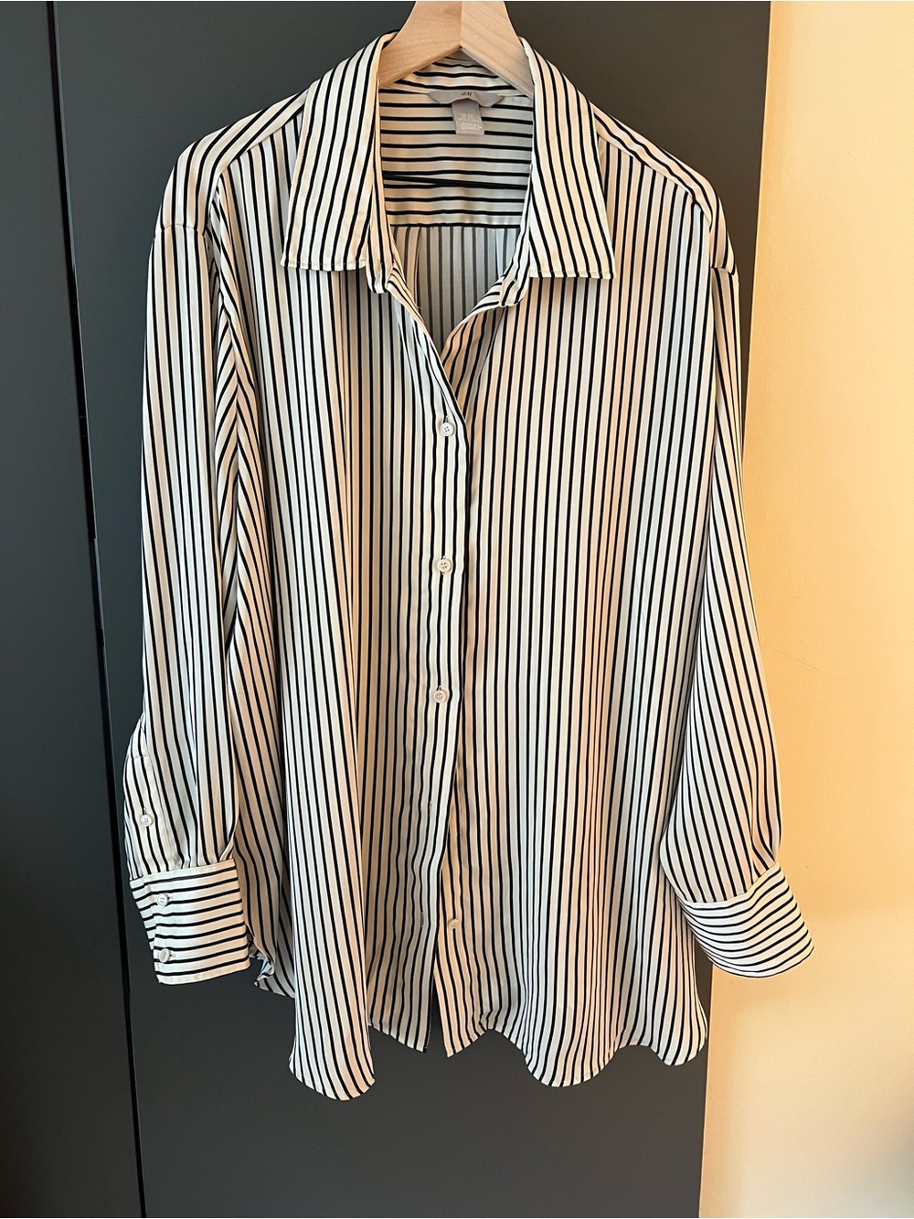 H&M Classic Black and Beige Vertical Stripe Button-Up Shirt